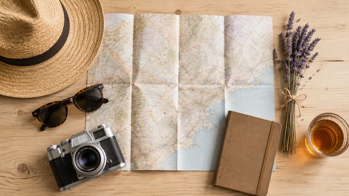 Préparatifs de voyage à plat : carte dépliée, chapeau de paille, appareil photo et carnet